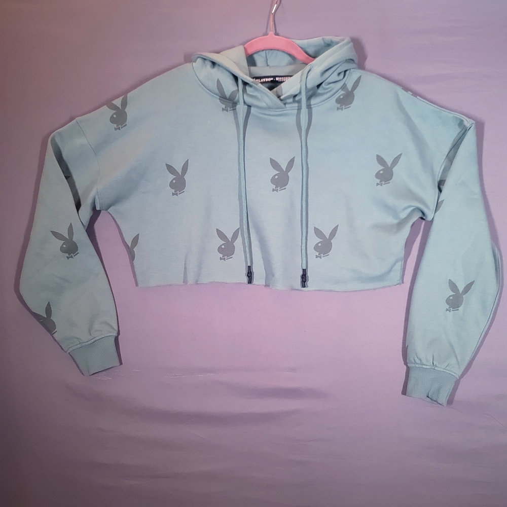 Playboy Cropped Hoodie in Light Blue